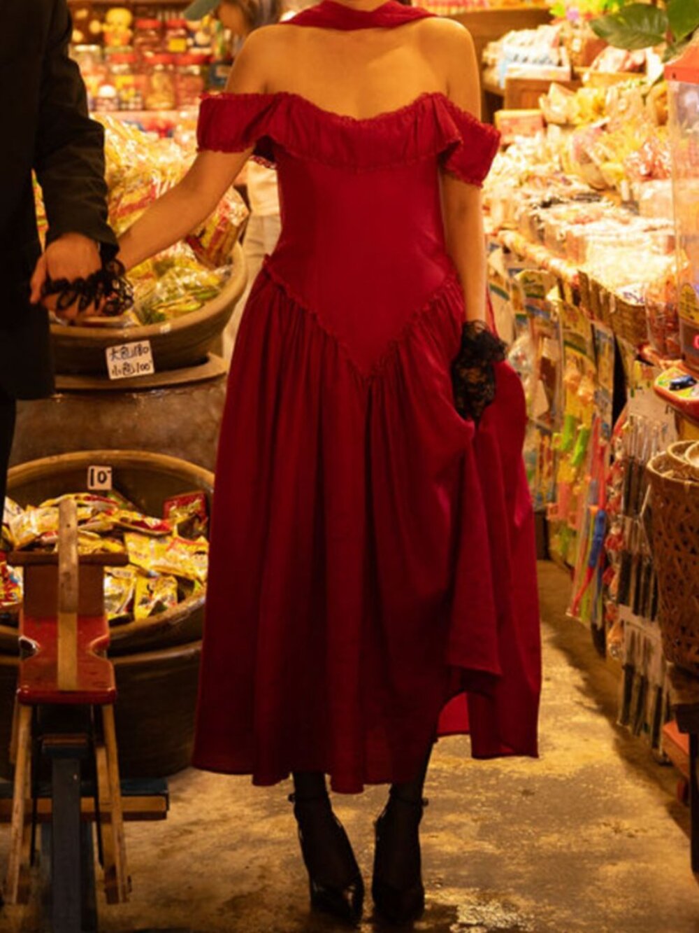 Miss Circle Xavy Crimson Off-Shoulder Corset Midi Dress -XS